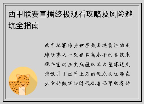 西甲联赛直播终极观看攻略及风险避坑全指南