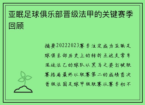 亚眠足球俱乐部晋级法甲的关键赛季回顾