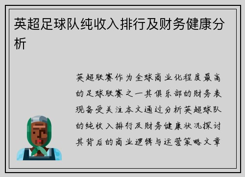英超足球队纯收入排行及财务健康分析